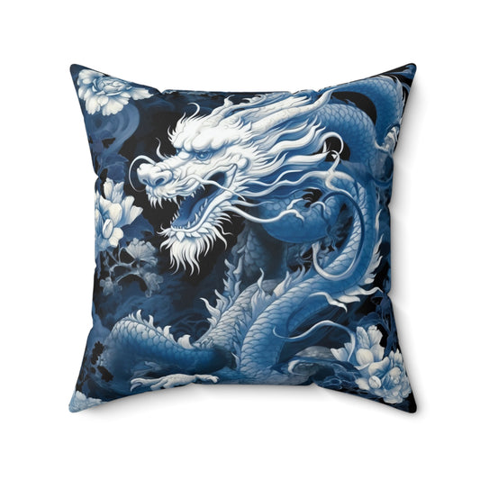 Mythical Blue Japanese Dragon Suede Square Pillow