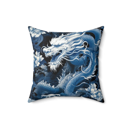 Mythical Blue Japanese Dragon Suede Square Pillow