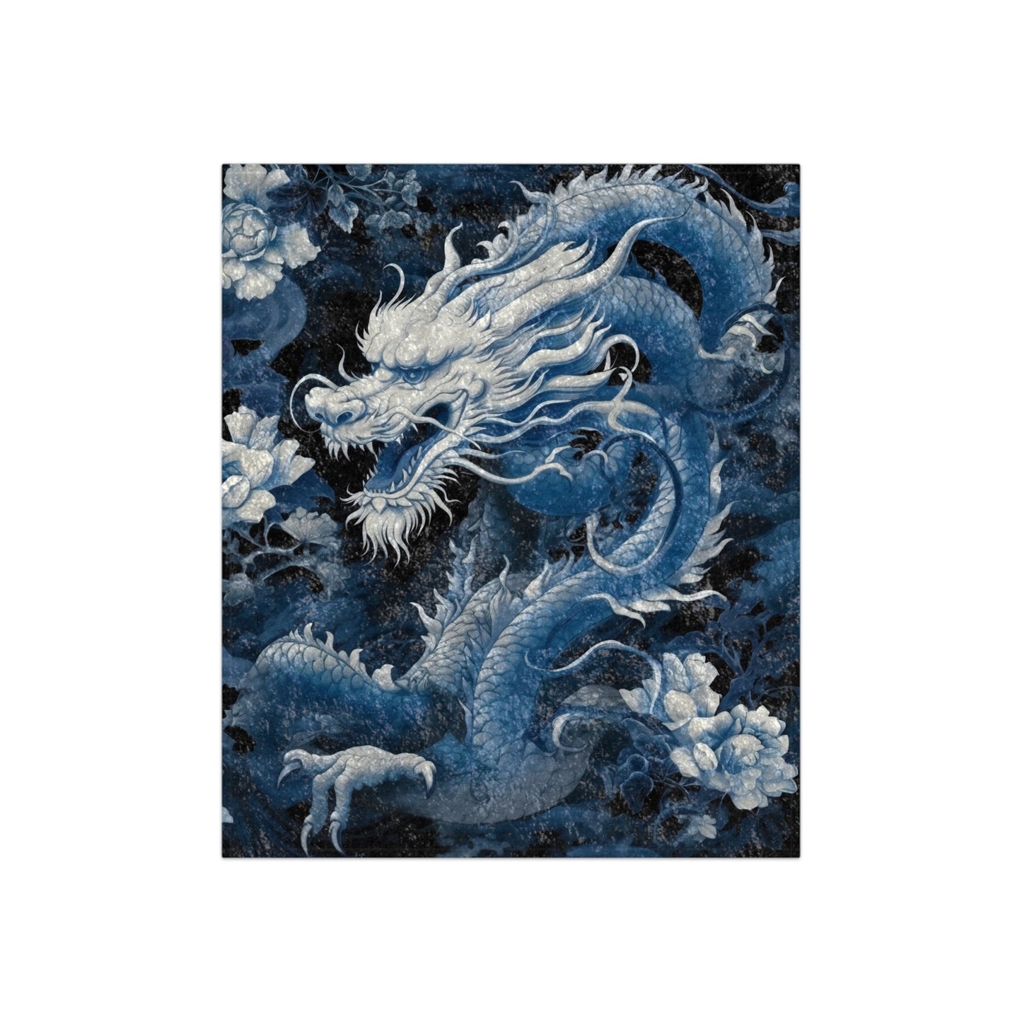 Mythical Blue Japanese Dragon Crushed Velvet Blanket
