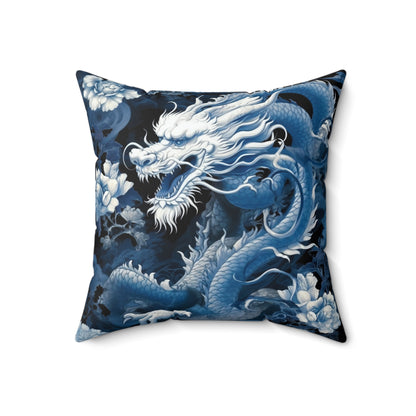 Mythical Blue Japanese Dragon Suede Square Pillow