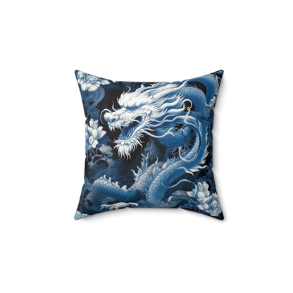 Mythical Blue Japanese Dragon Suede Square Pillow